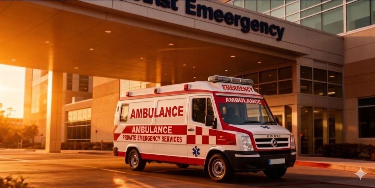 Emergency ambulance at hospital entrance